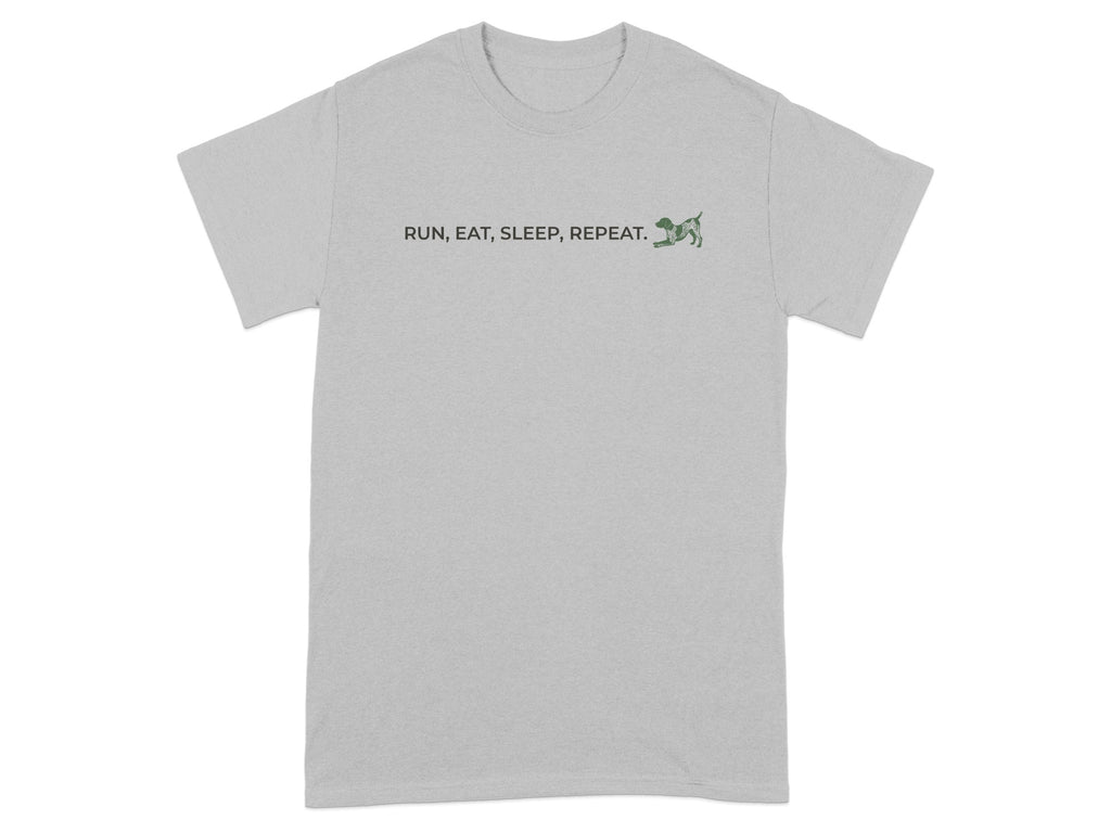 Light grey t-shirt with "RUN, EAT, SLEEP, REPEAT." and a dog graphic.