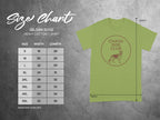 Gildan 5000 size chart with Chaos Dog Club logo.