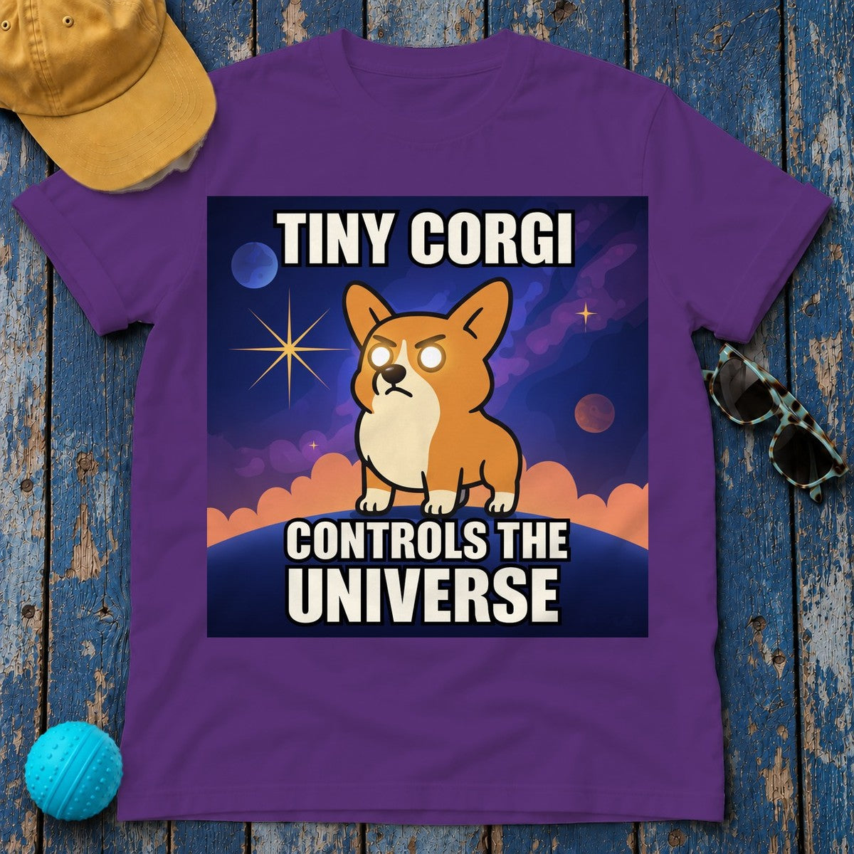 Tiny Corgi Controls the Universe Graphic Design T-Shirt in Purple