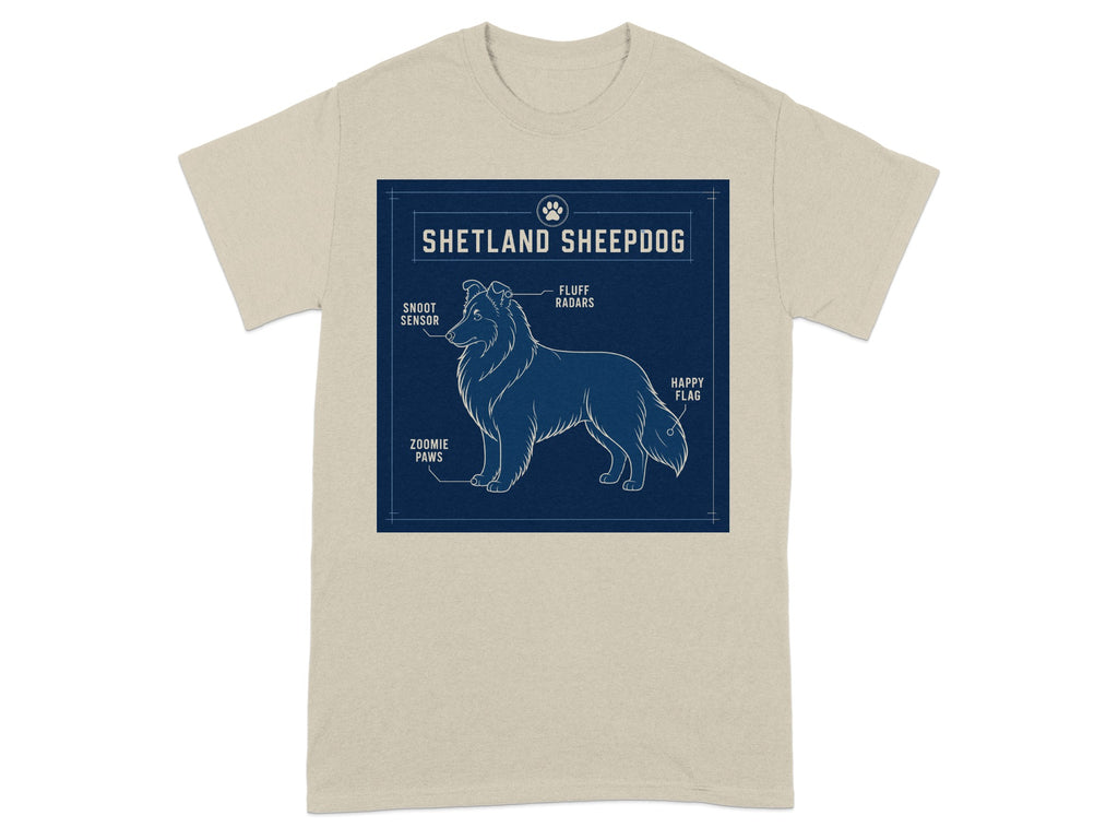 Blueprint-style illustration of a Shetland Sheepdog with labeled anatomical features.