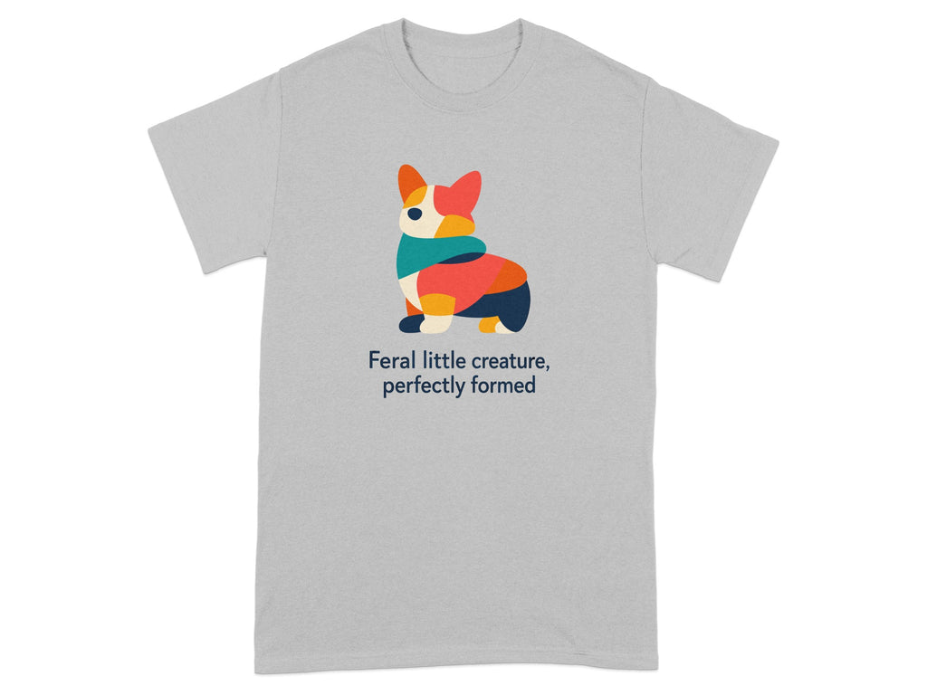 Grey t-shirt with a colorful geometric corgi illustration and text.
