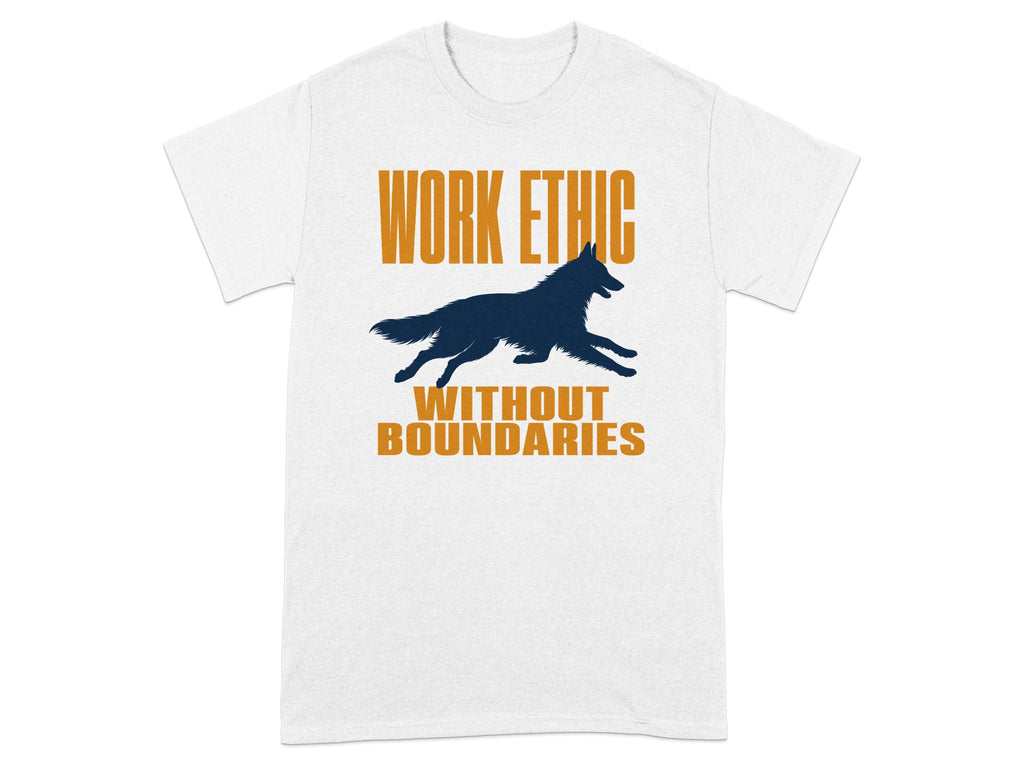 White t-shirt with orange and blue text "WORK ETHIC WITHOUT BOUNDARIES" and a running dog silhouette.