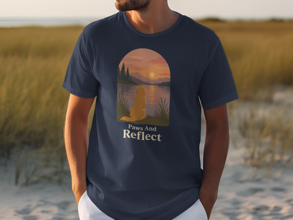 Dark blue t-shirt with a golden retriever sitting by a lake at sunset.