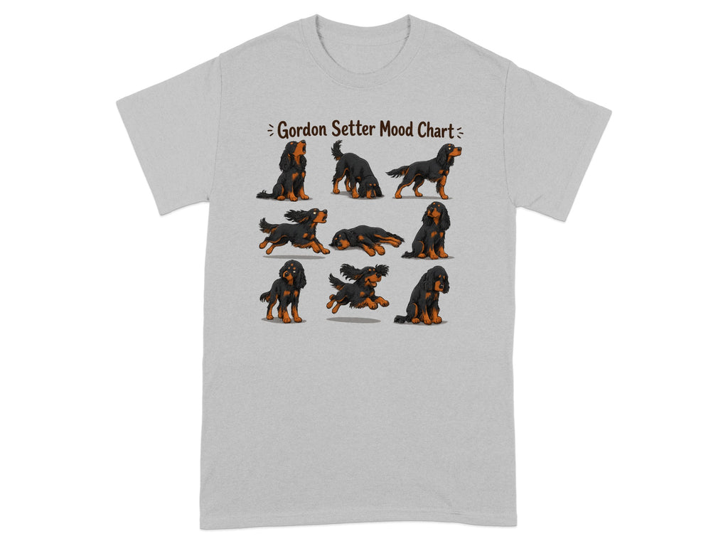 Gordon Setter mood chart with nine illustrated poses on a gray t-shirt.