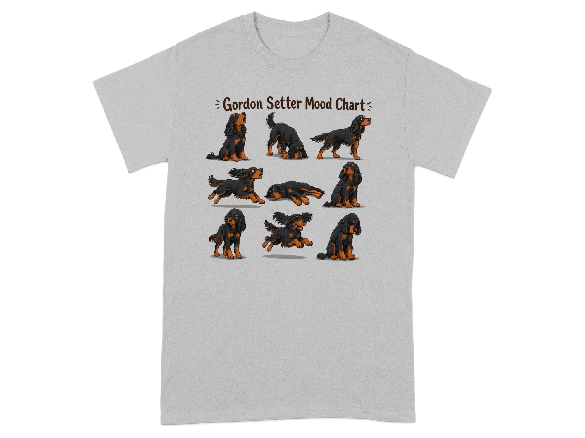 Gordon Setter mood chart with nine illustrated poses on a gray t-shirt.
