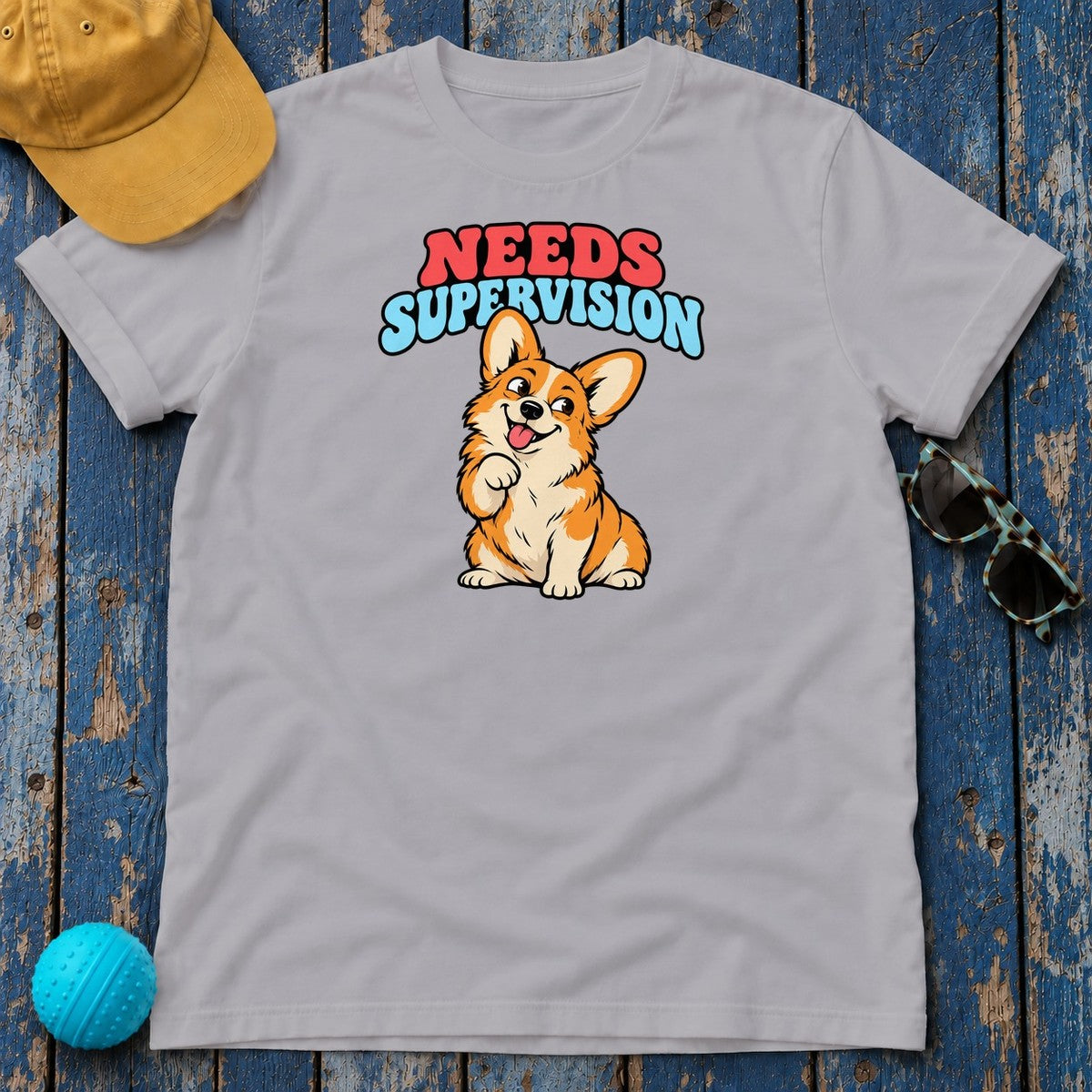 Needs Supervision Corgi T-Shirt in Athletic Heather - flat lay