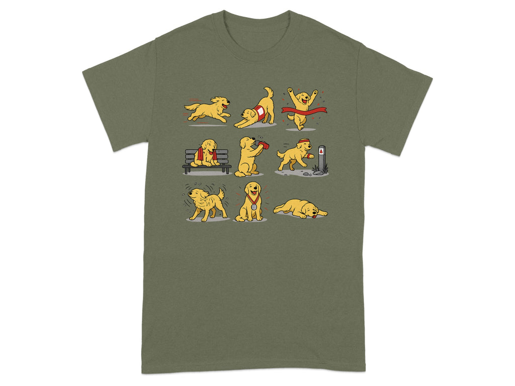 Cartoon golden retriever in various poses and activities on a green t-shirt.