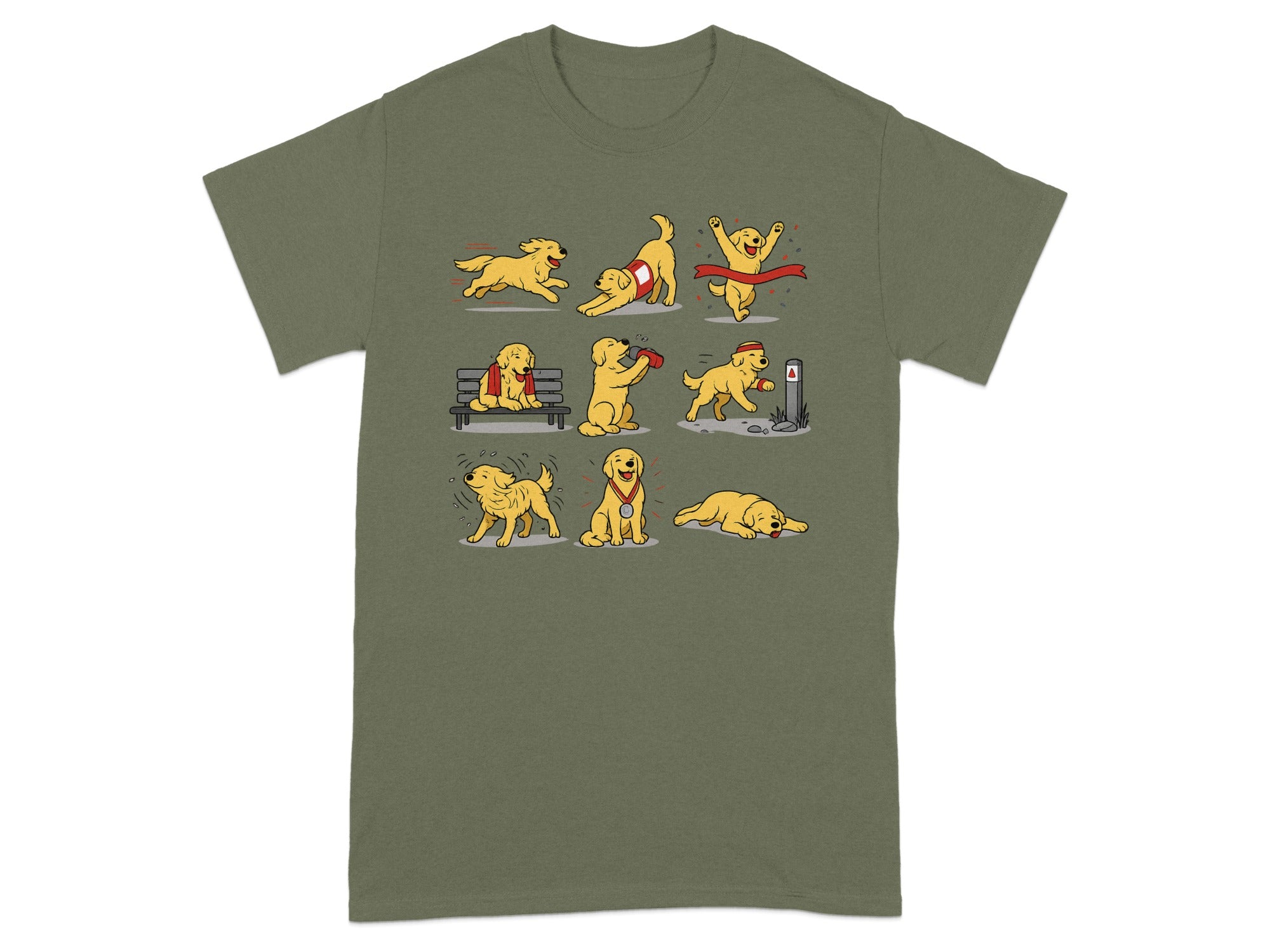 Cartoon golden retriever in various poses and activities on a green t-shirt.