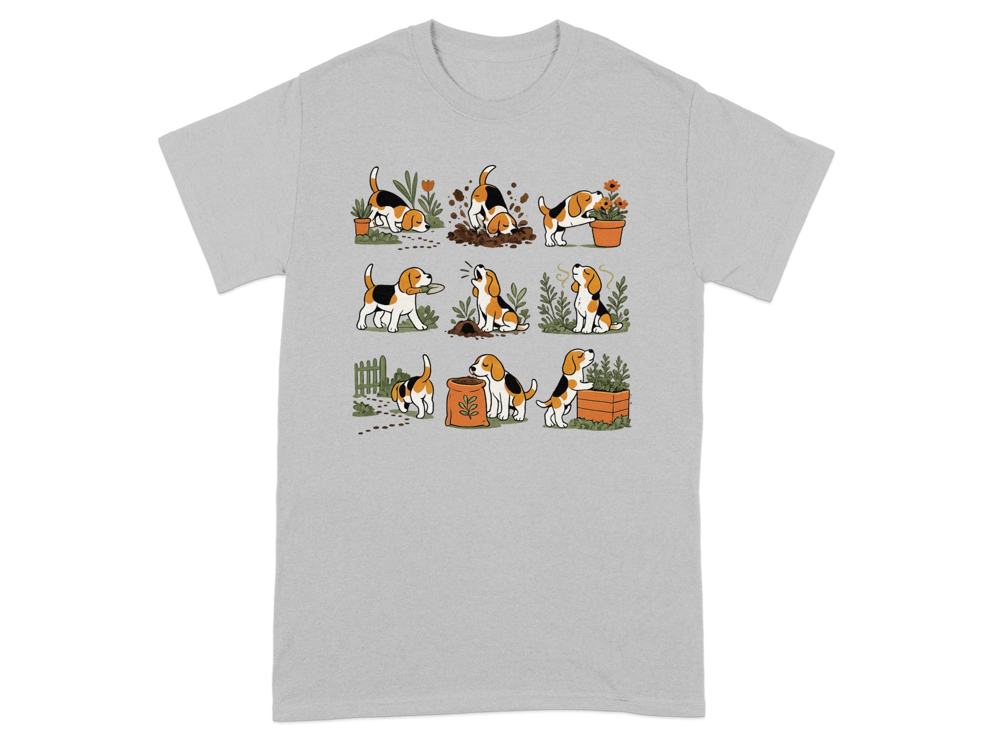 Nine panels depict a beagle puppy digging and playing in a garden with flowers.