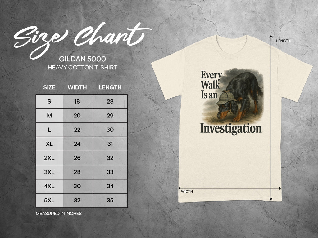 Size chart shows Gildan 5000 heavy cotton t-shirt sizes, width, and length.