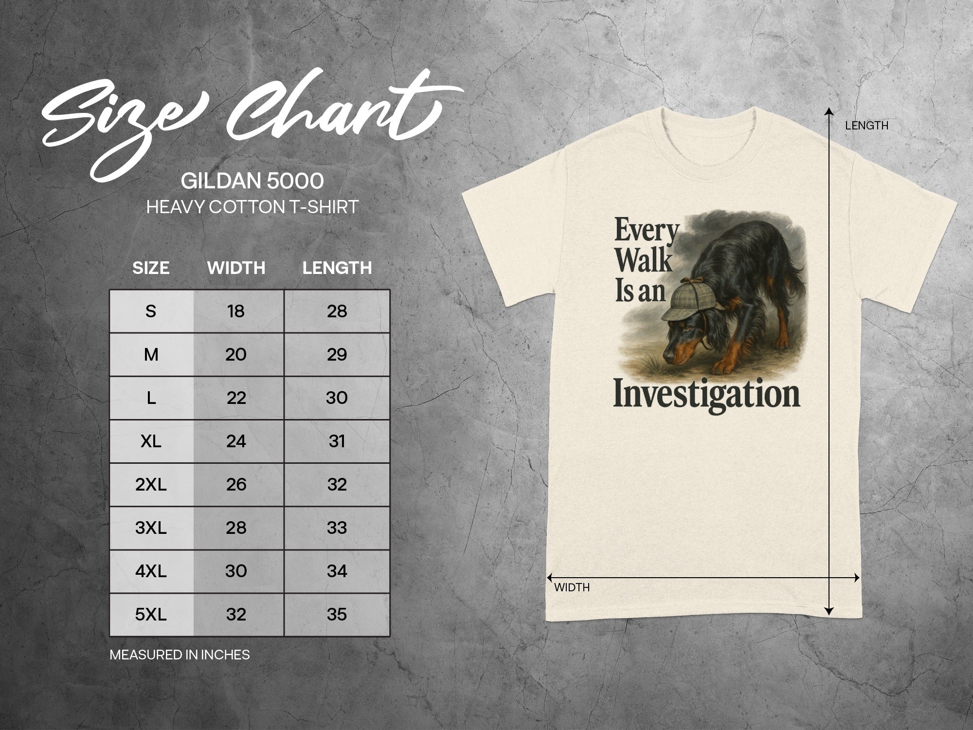Size chart shows Gildan 5000 heavy cotton t-shirt sizes, width, and length.