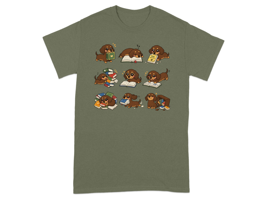Cute dachshunds reading books and sleeping on books, in nine panels.