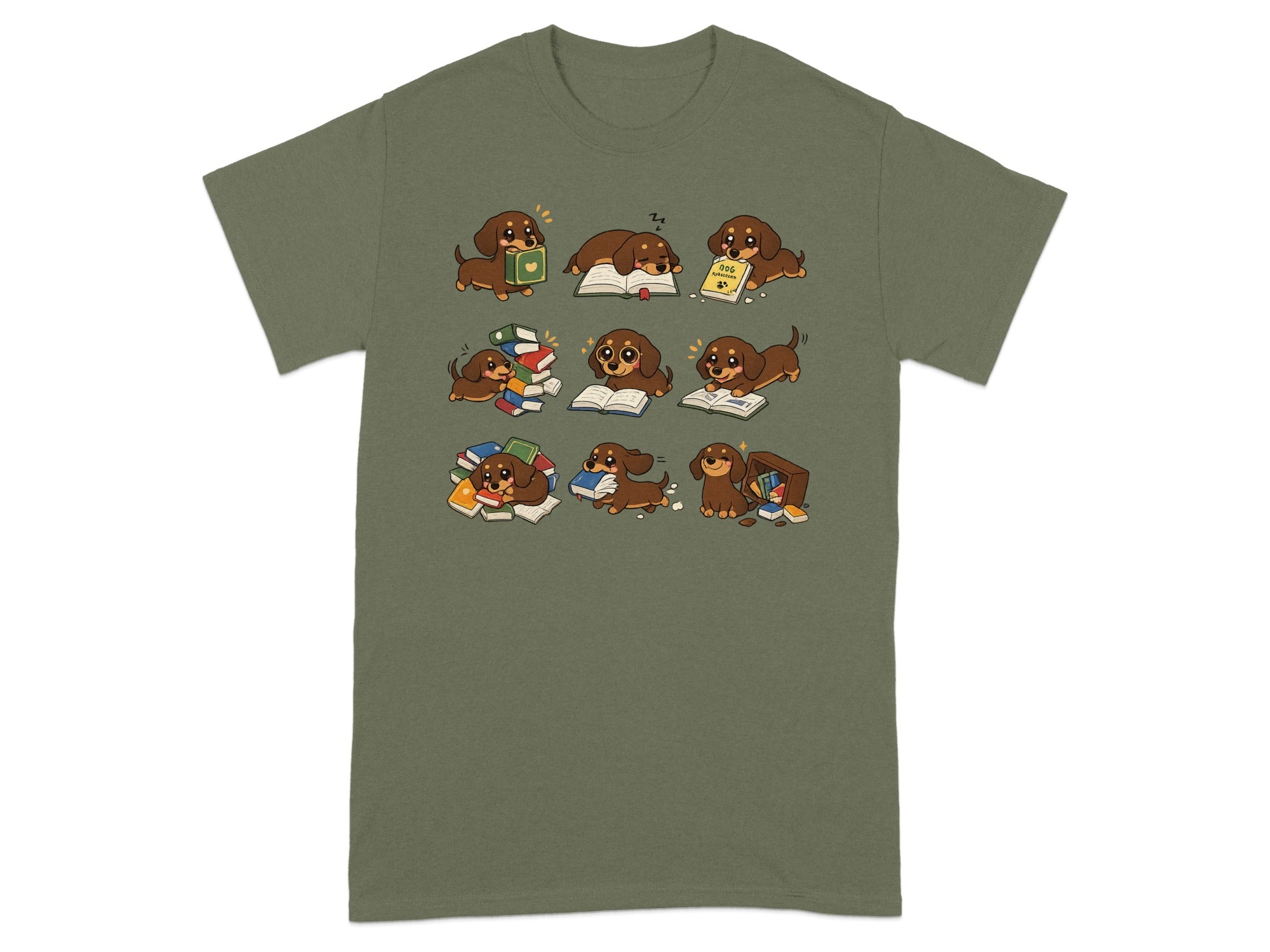 Cute dachshunds reading books and sleeping on books, in nine panels.