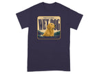 Golden Retriever in water with "Wet Dog" text on t-shirt.