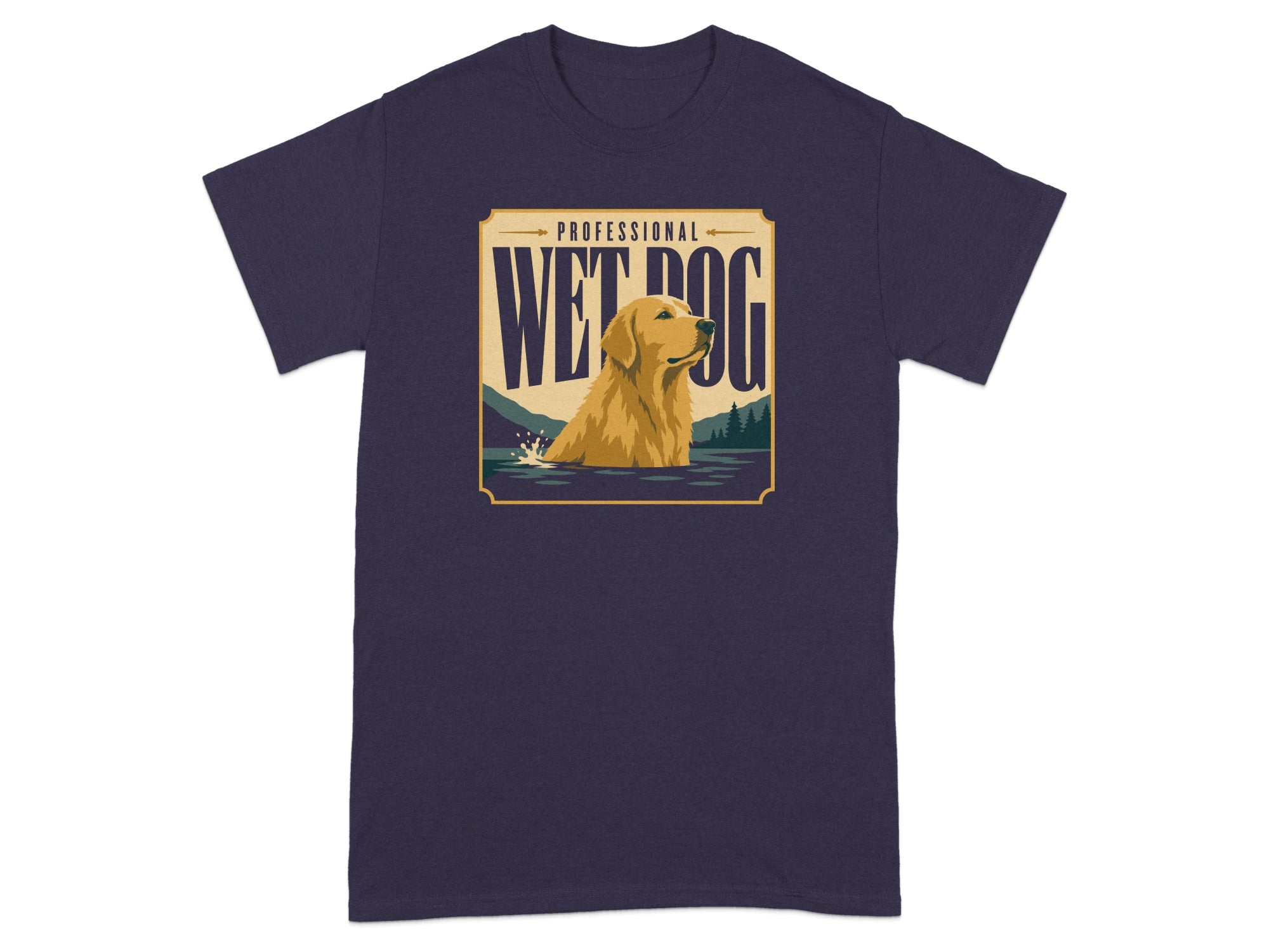 Golden Retriever in water with "Wet Dog" text on t-shirt.
