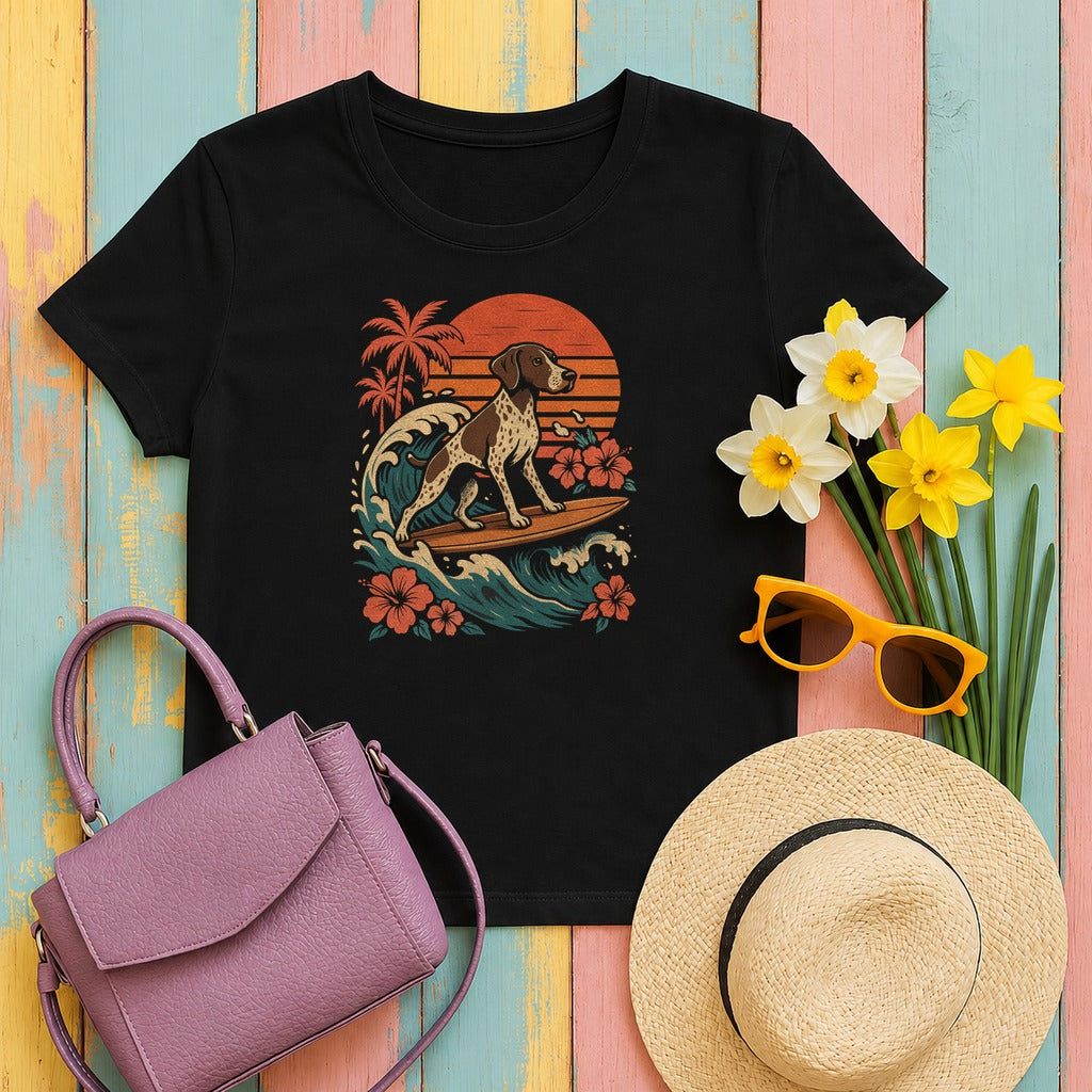 Surfing German Shorthaired Pointer On Waves T-Shirt in Black