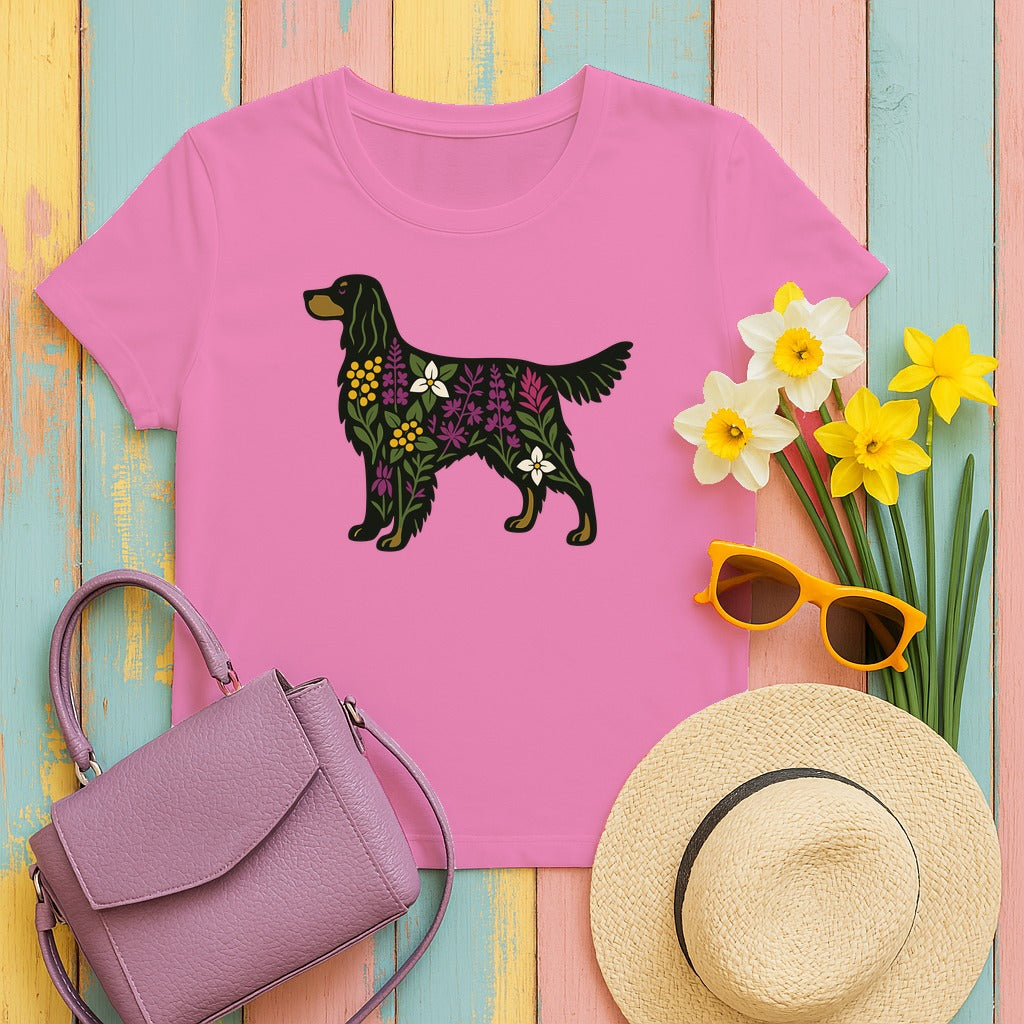 Floral Silhouette of a Black Gordon Setter Elegant Design T-Shirt in Azalea