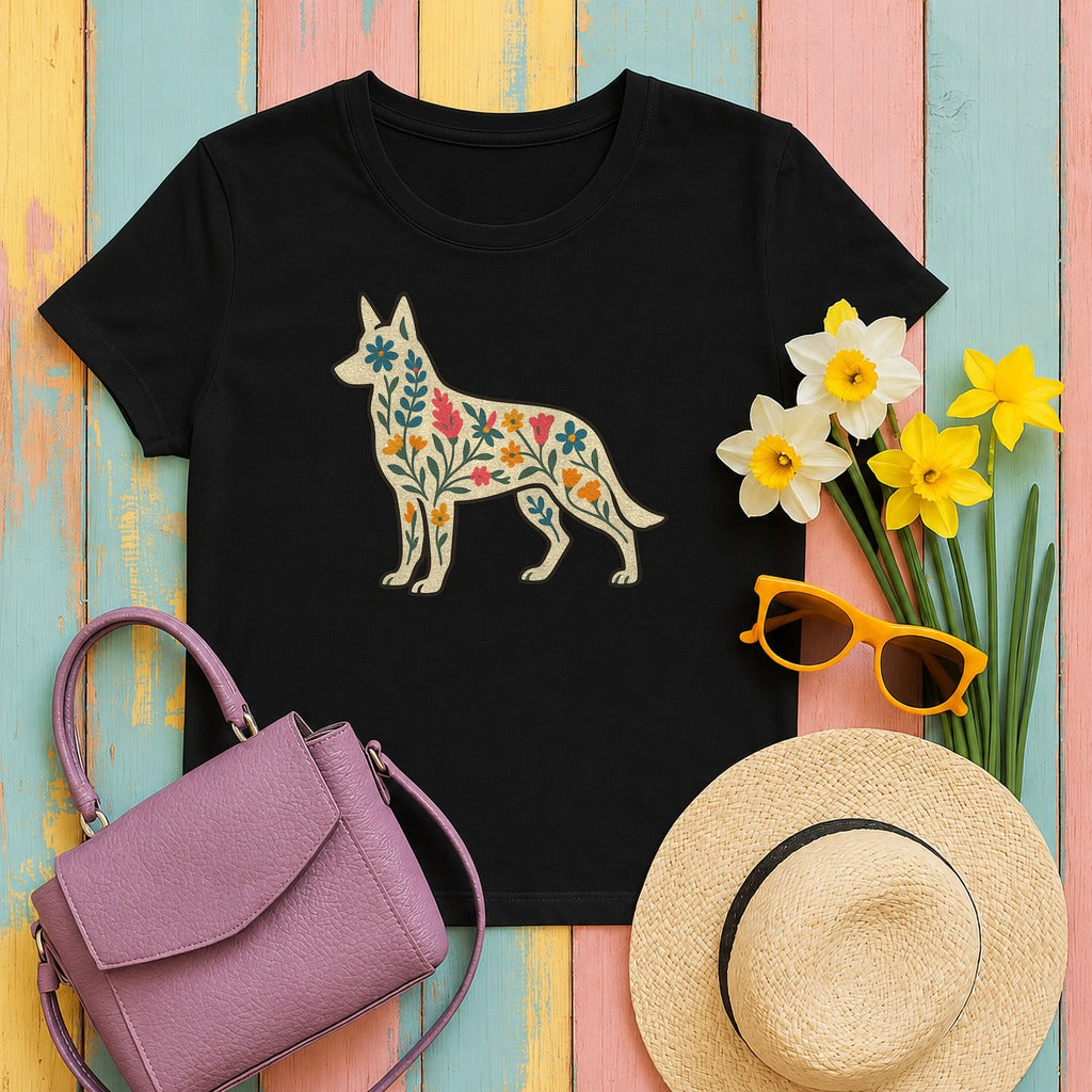 Floral German Shepherd T-Shirt in Black