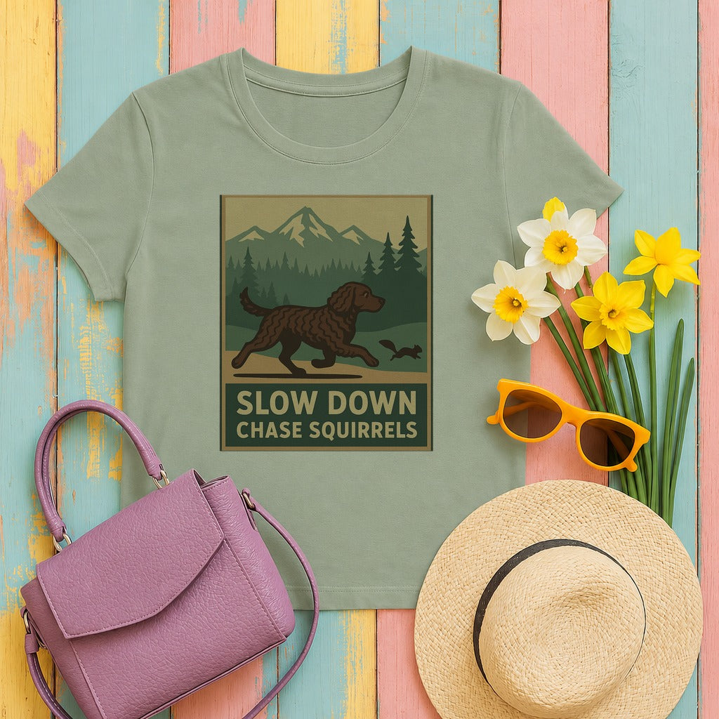 American Water Spaniel slow down chase squirrels tee flat lay