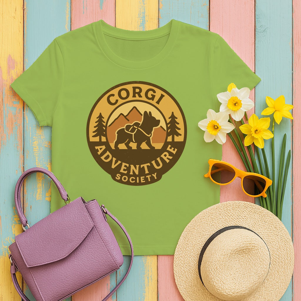 Outdoorsy Corgi Adventure Society T-Shirt in Kiwi