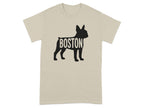 Light beige t-shirt with black Boston bulldog silhouette graphic.