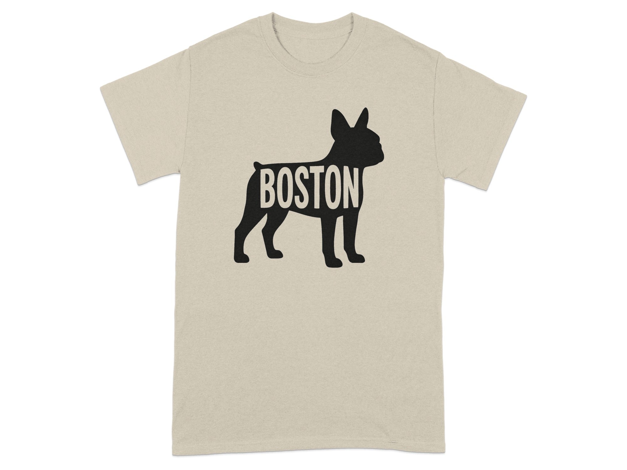 Light beige t-shirt with black Boston bulldog silhouette graphic.