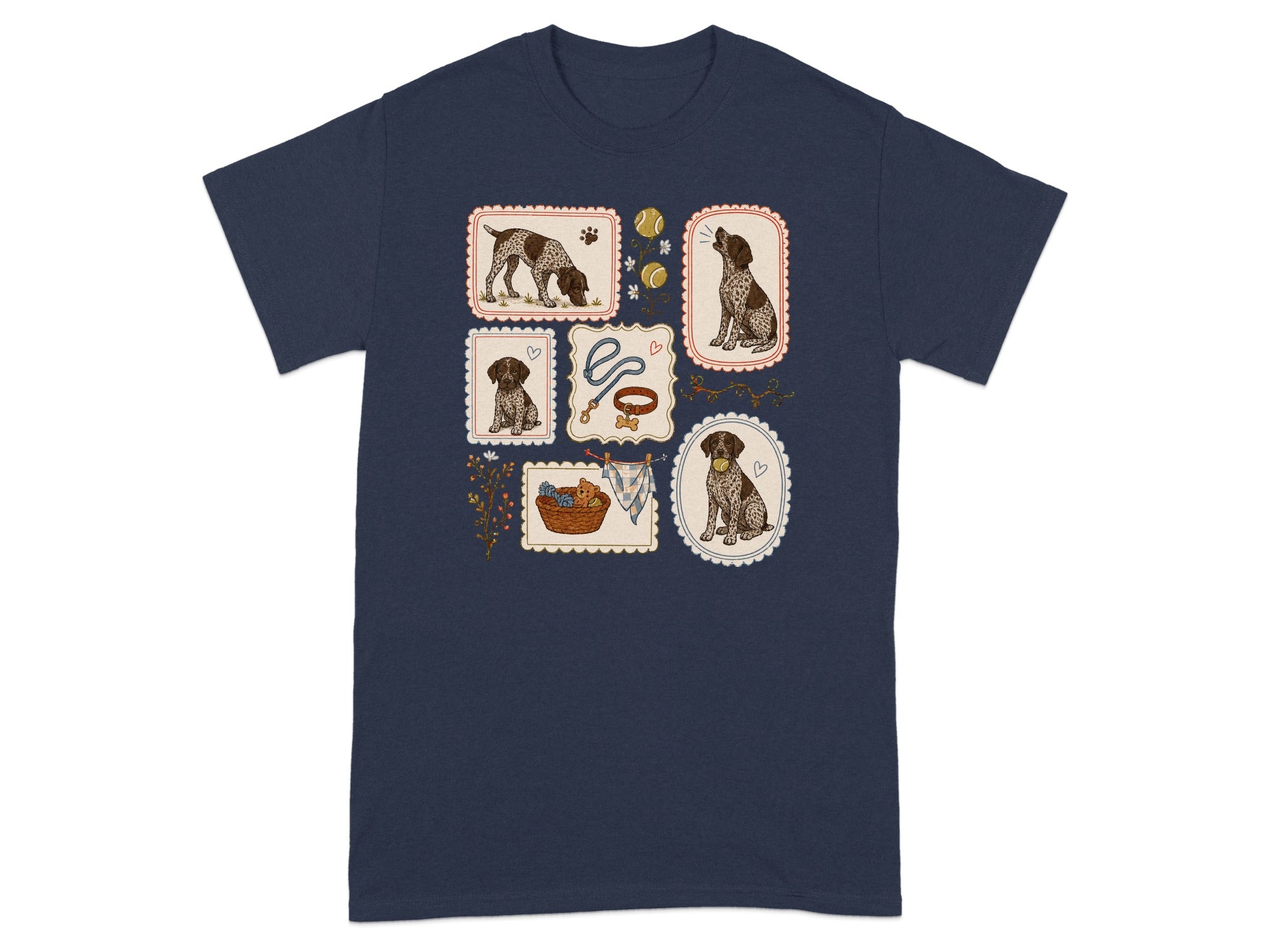 Navy t-shirt with six framed illustrations of a German Shorthaired Pointer.