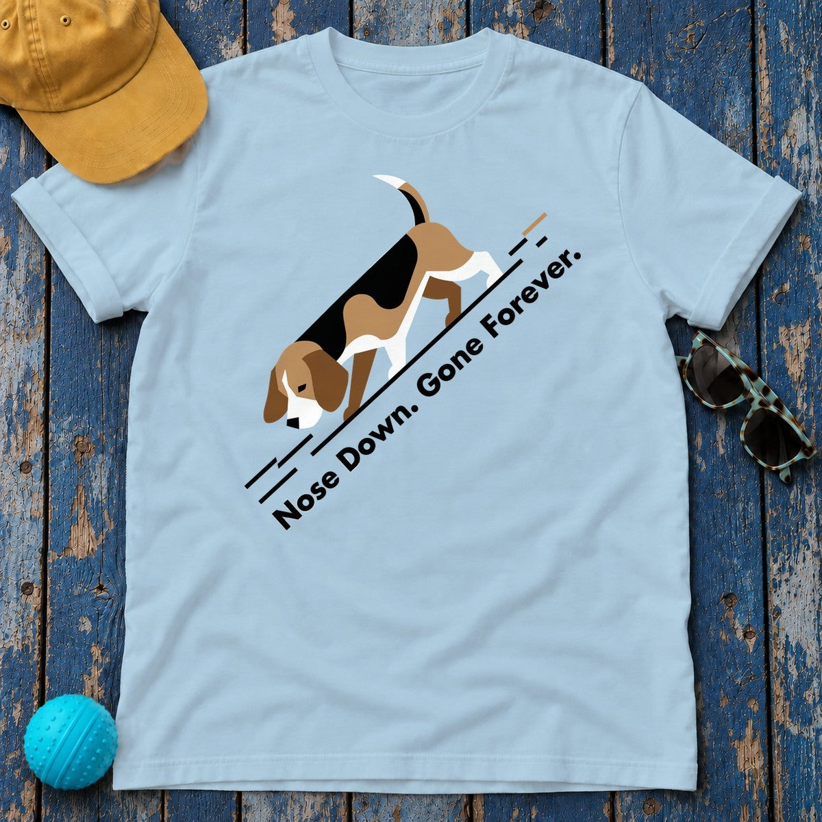 Nose Down. Gone Forever. Beagle T-shirt in Light Blue