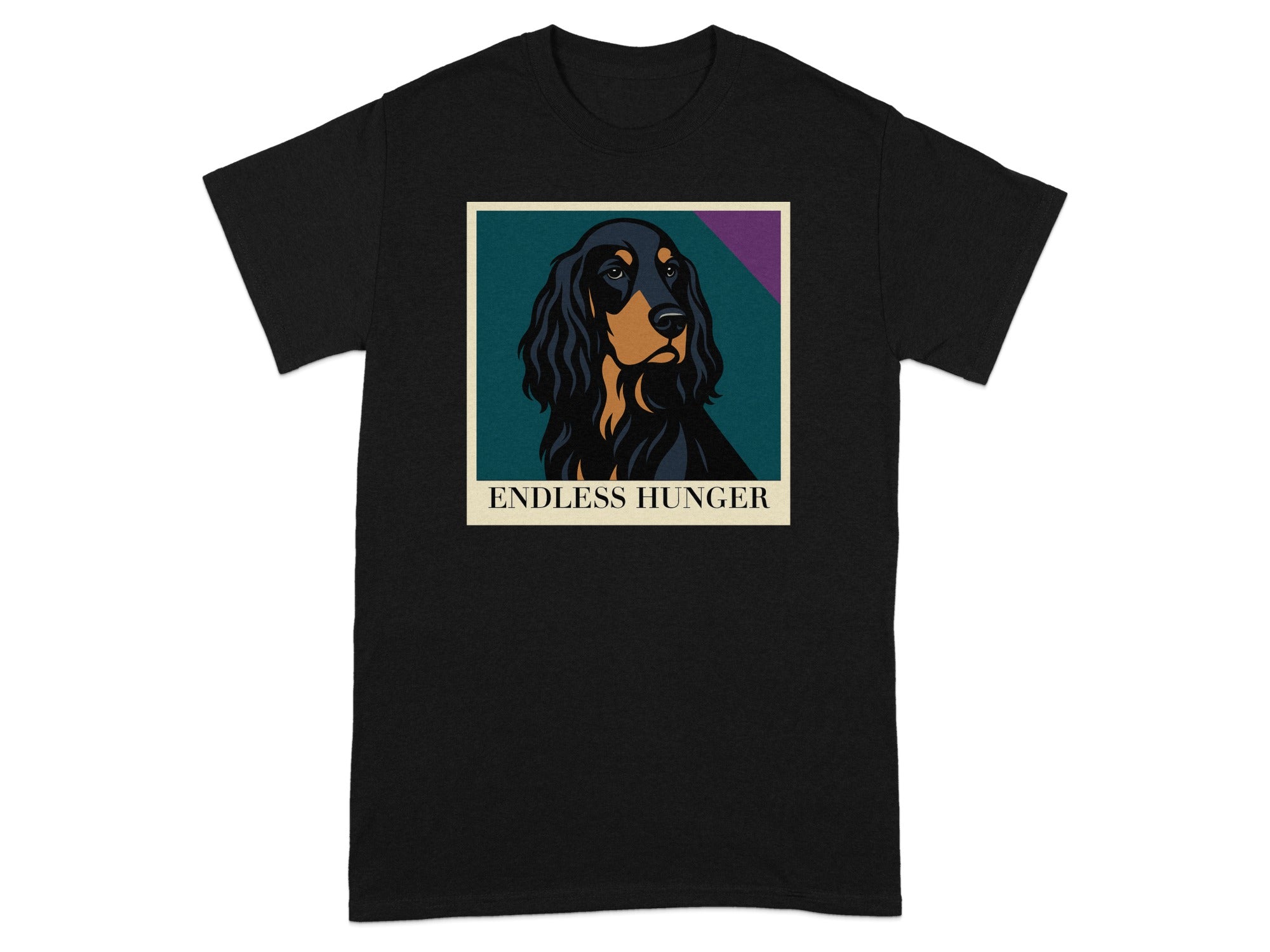 Black t-shirt with a graphical portrait of a Gordon Setter dog titled "ENDLESS HUNGER".