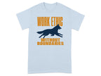 Light blue t-shirt with orange text "WORK ETHIC WITHOUT BOUNDARIES" and a running wolf silhouette.