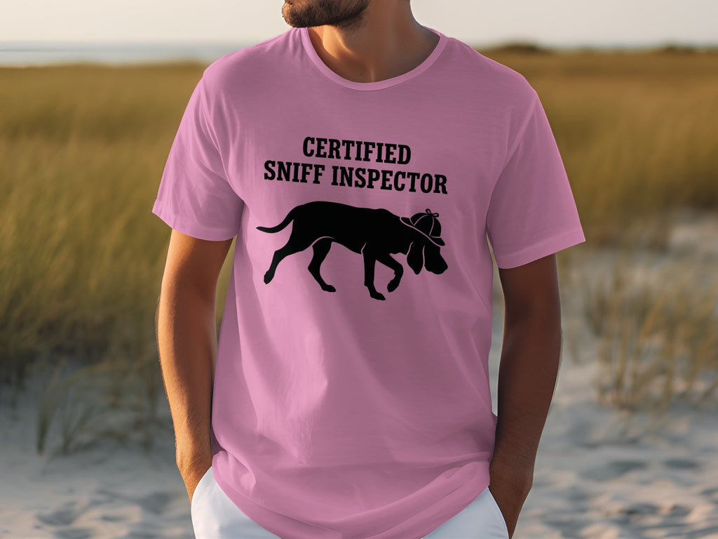 Pink t-shirt with "Certified Sniff Inspector" and a dog silhouette.