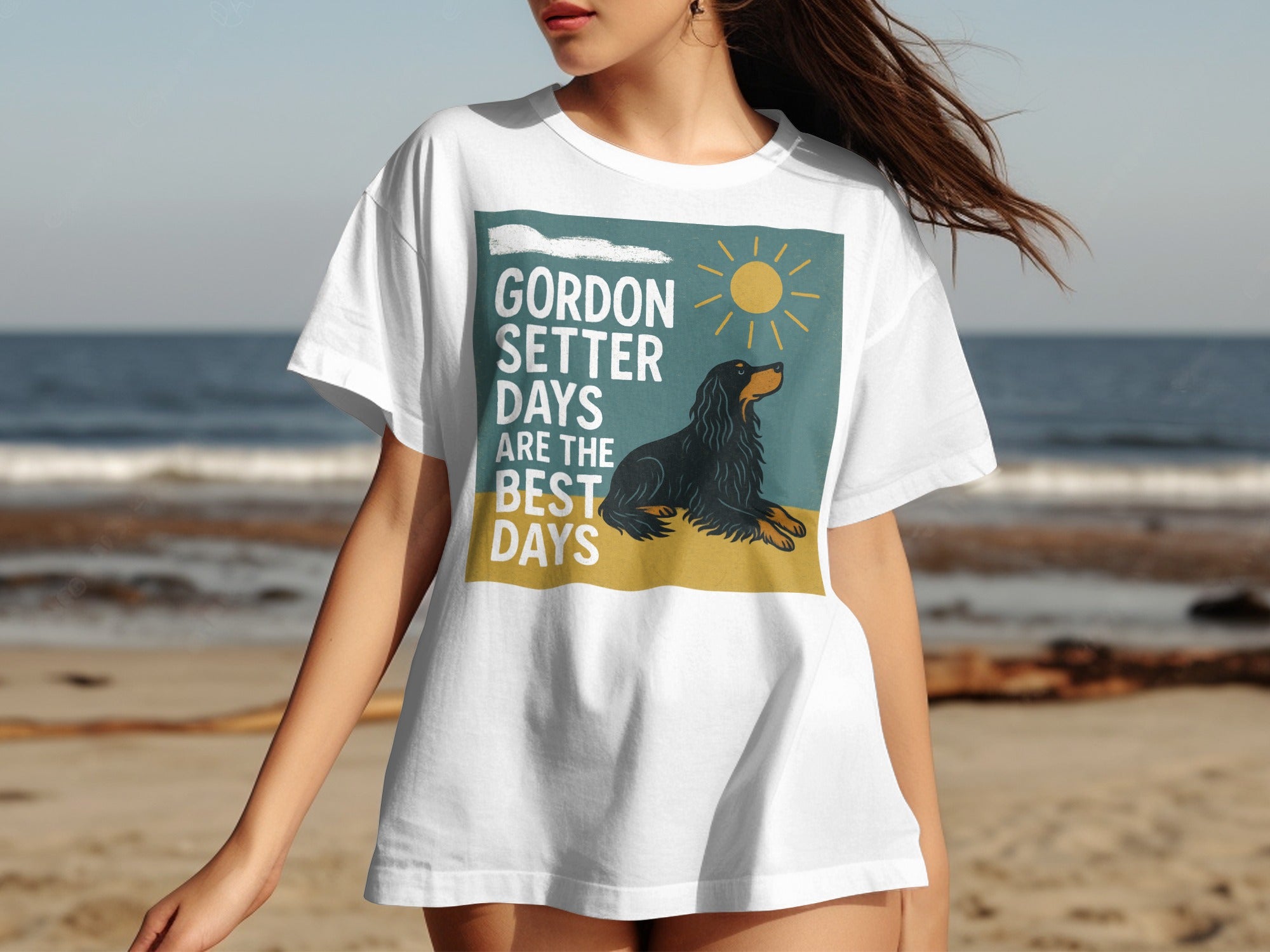 White t-shirt with graphic of Gordon Setter dog and text "GORDON SETTER DAYS ARE THE BEST DAYS".