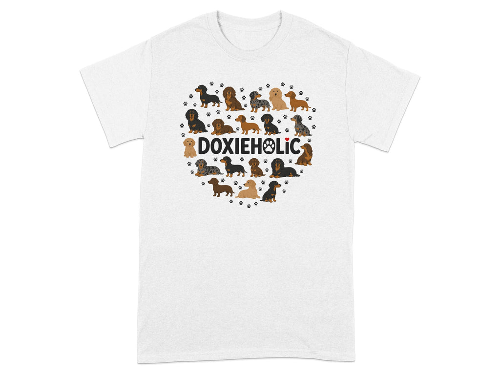 Heart-shaped collage of dachshunds and paw prints with "DOXIEHOLIC" text.