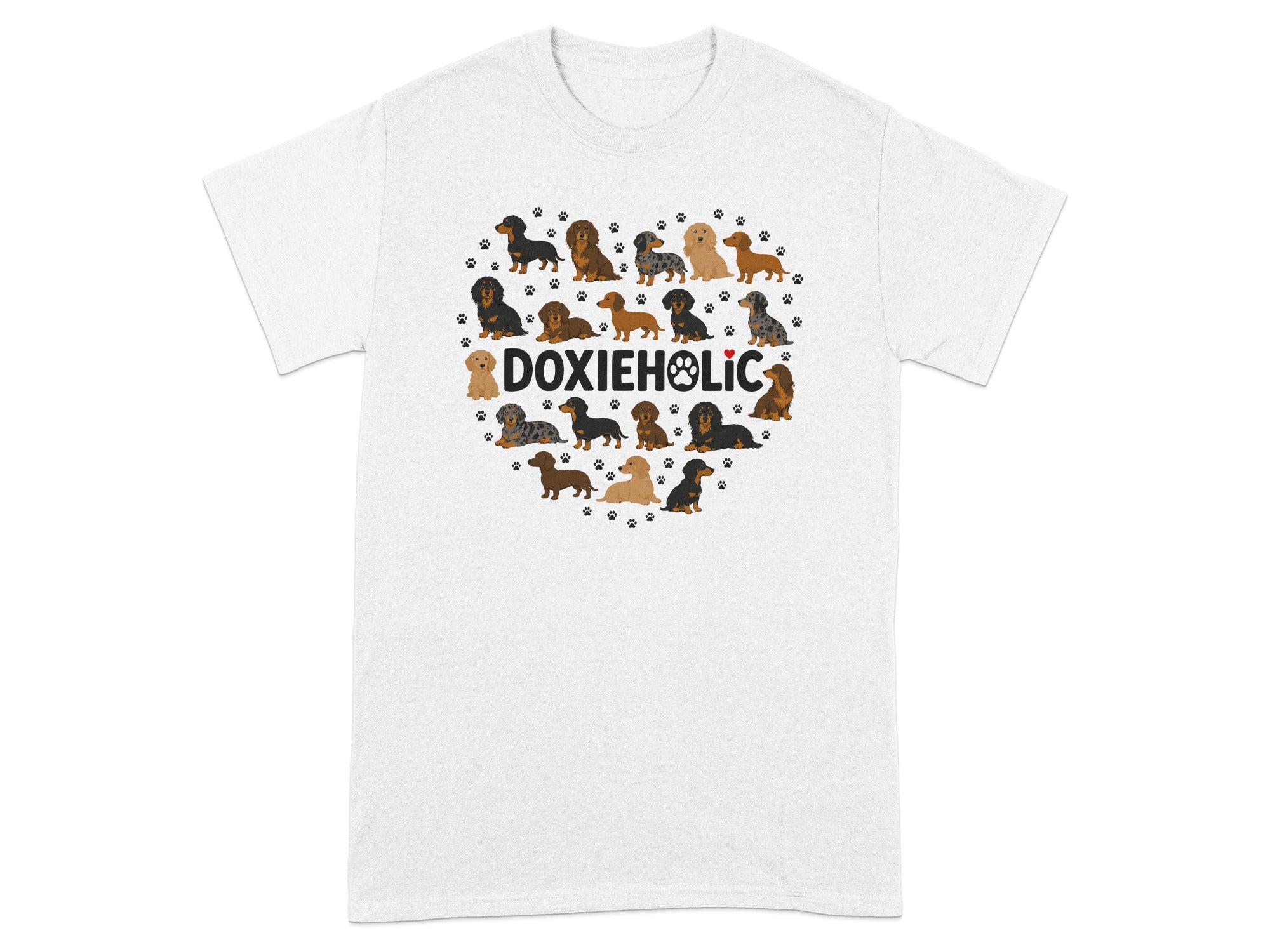 Heart-shaped collage of dachshunds and paw prints with "DOXIEHOLIC" text.