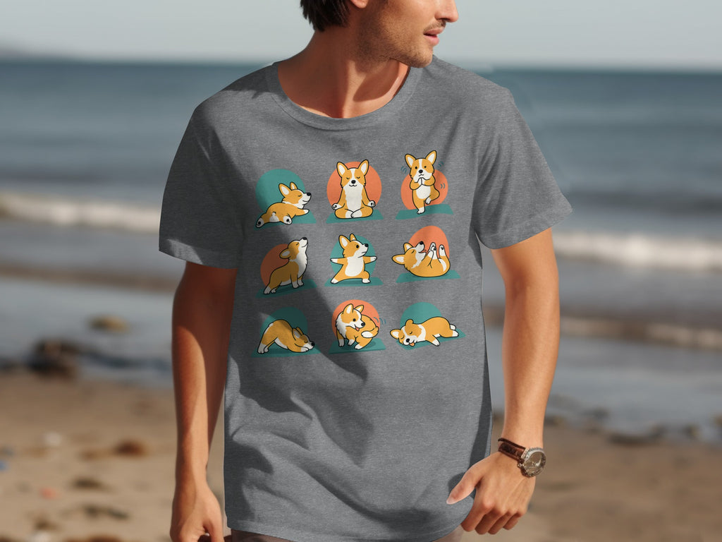 Grey t-shirt with nine illustrations of corgis in various yoga poses.