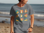 Grey t-shirt with nine illustrations of corgis in various yoga poses.