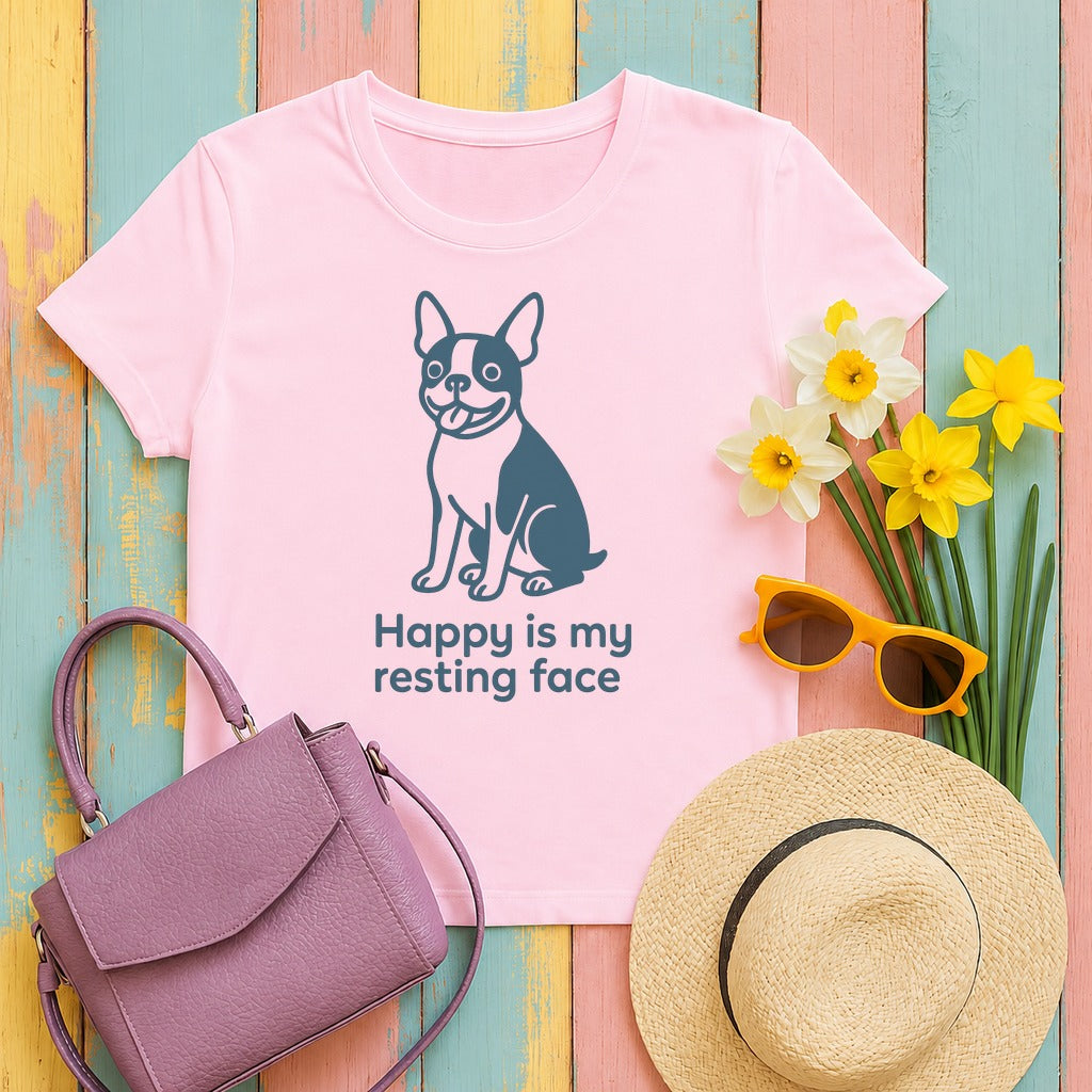 Happy Is My Resting Face - Funny Boston Terrier T-shirt in Light Pink
