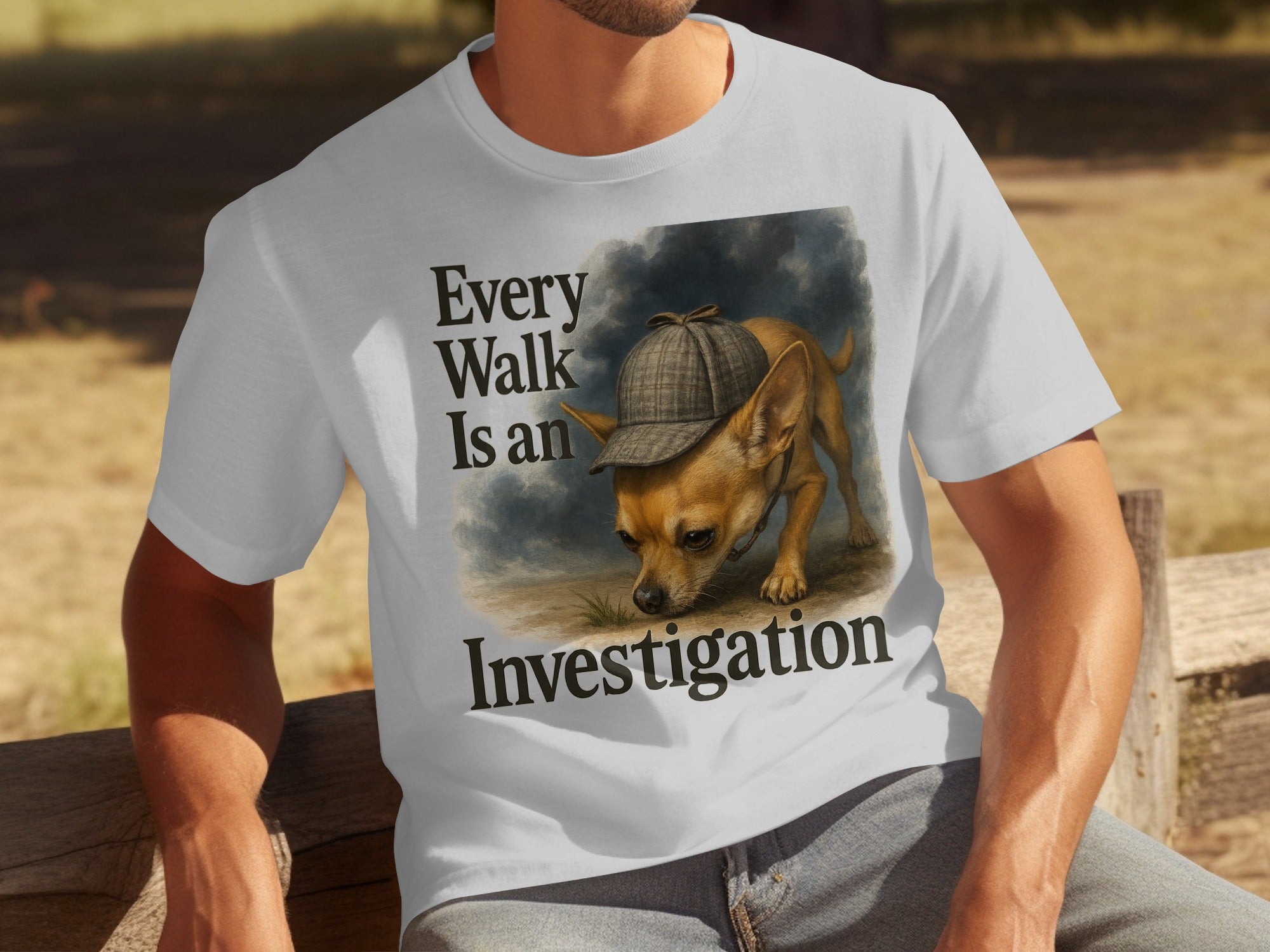 T-shirt with chihuahua in detective hat, text "Every Walk Is an Investigation".