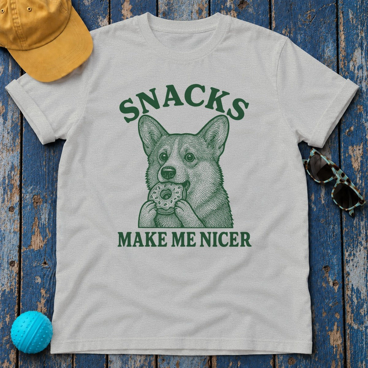 Snacks Make Me Nicer Corgi with Donut Graphic T-Shirt in Sport Grey