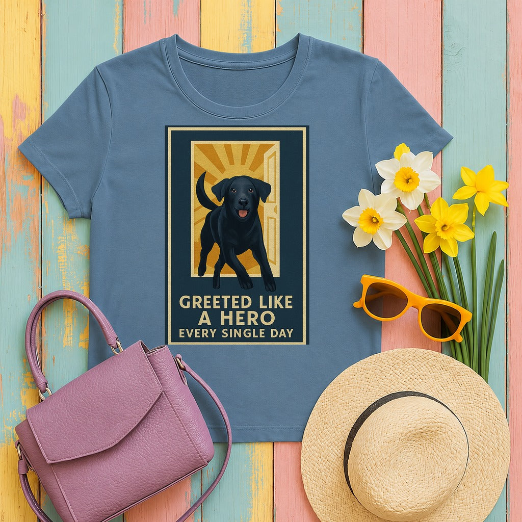 Black Lab Greeted Like a Hero T-shirt in Steel Blue