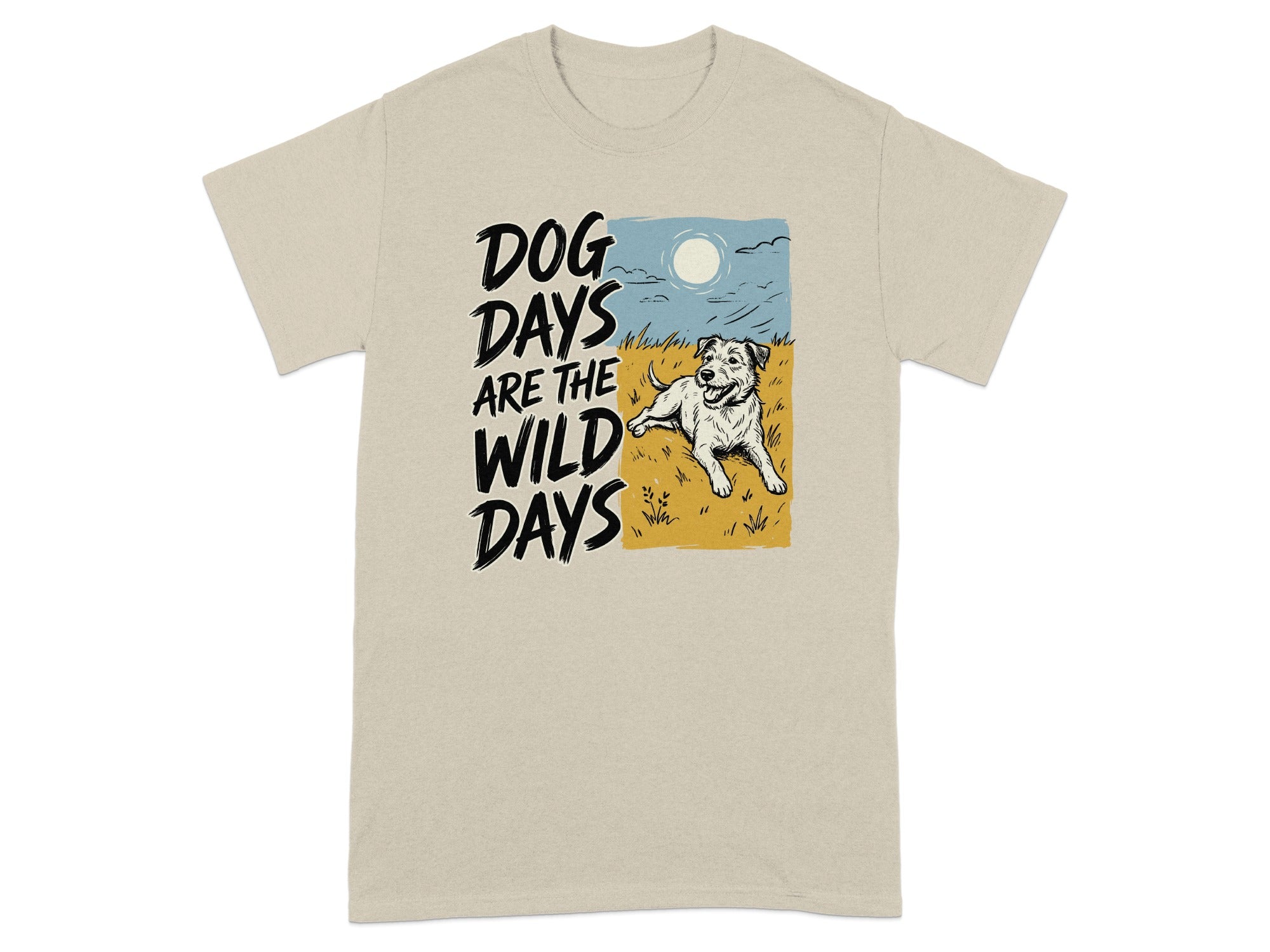 Tan t-shirt with "DOG DAYS ARE THE WILD DAYS" text and dog illustration.