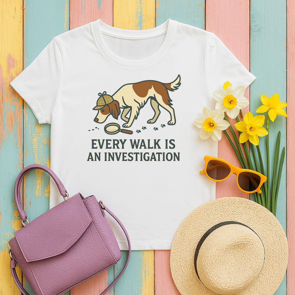 Irish Red and White Setter Every Walk Is an Investigation Tee in White