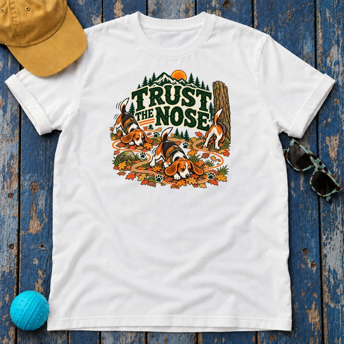 Trust the Nose Beagle Trail T-Shirt in White - flat lay