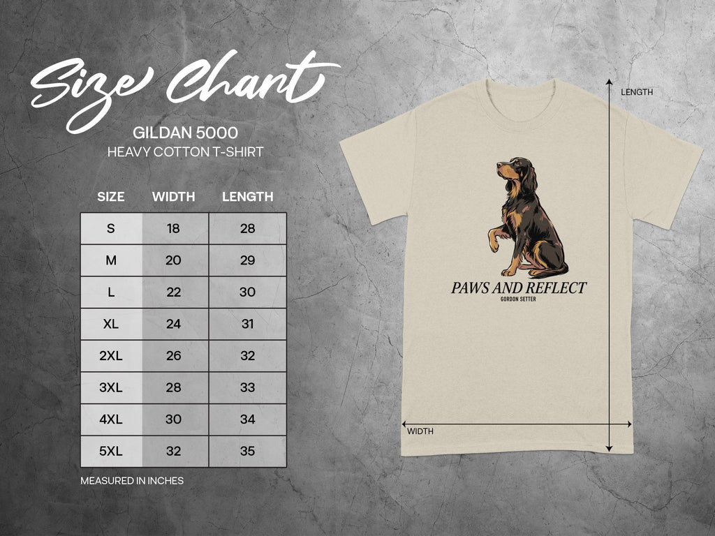 Gildan 5000 size chart with Gordon Setter illustration and measurements.