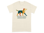 T-shirt with abstract dog graphic and text "feral little creature, perfectly formed".