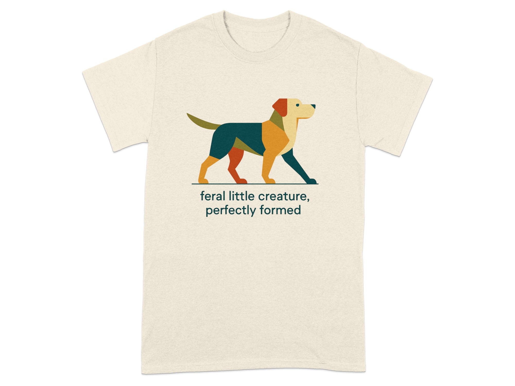 T-shirt with abstract dog graphic and text "feral little creature, perfectly formed".