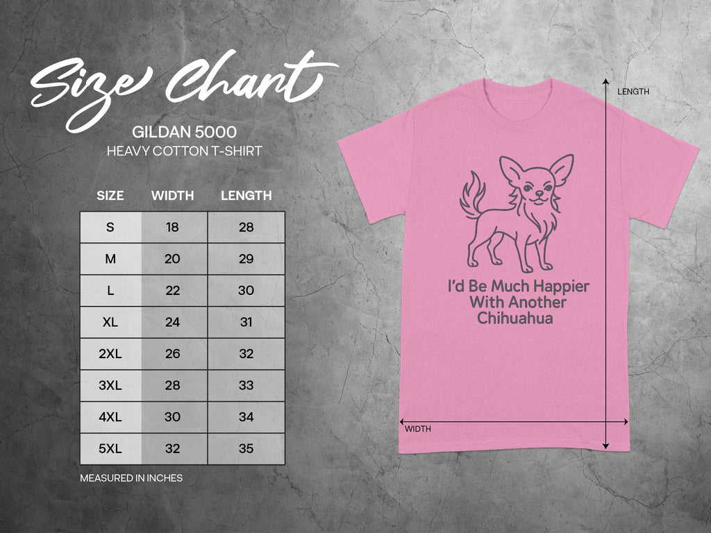Gildan 5000 t-shirt size chart with measurements and chihuahua graphic.