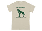 Beige t-shirt with a dog silhouette and text "Calm Outside. Intensely Attached Inside."