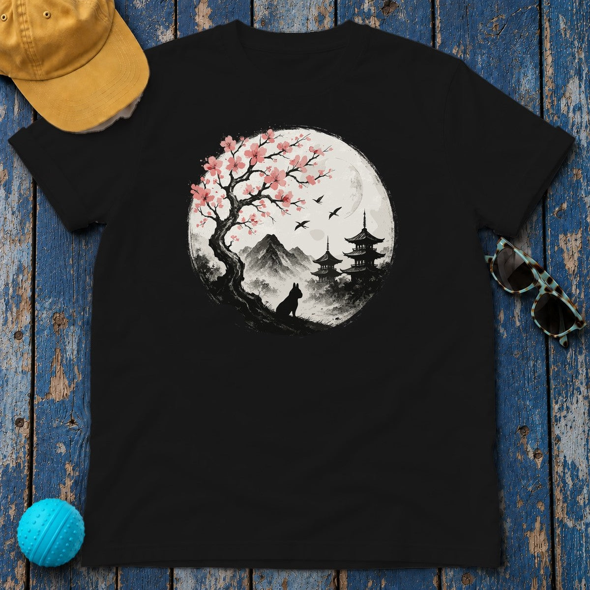 Zen Japanese Scene With French Bulldog Silhouette T-Shirt in Black