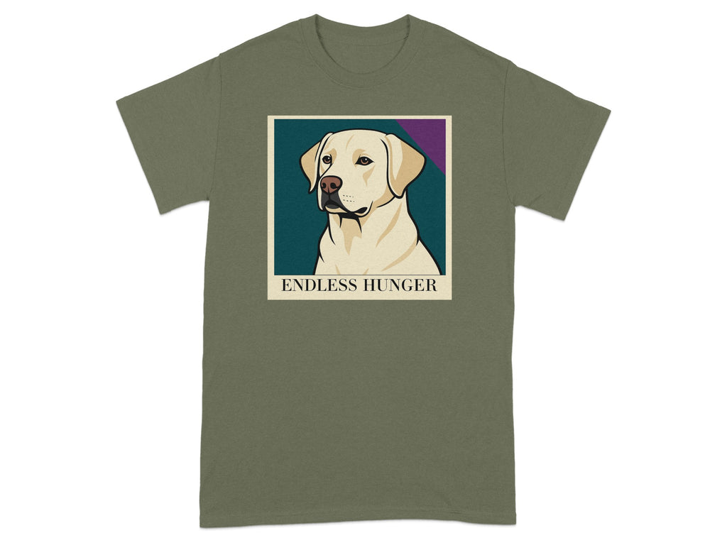 Olive green t-shirt with a yellow lab portrait and text "ENDLESS HUNGER".